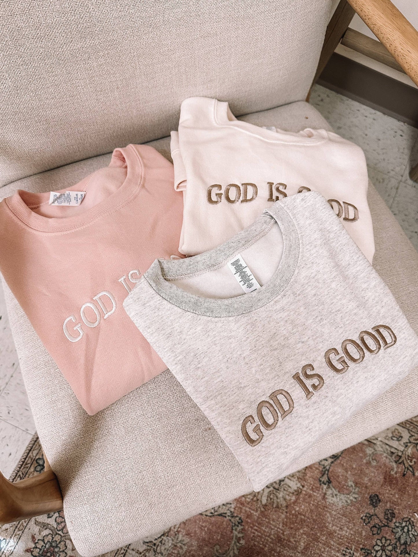 Honey Soul LLC - Embroidered GOD IS GOOD Sweatshirt: Dusty Pink / Large