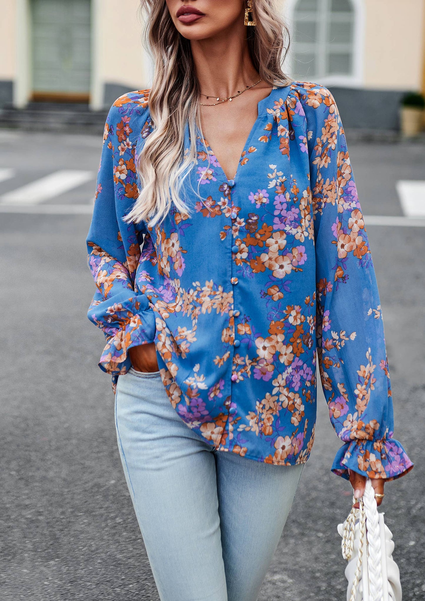 ePretty - Floral Button Down Long Sleeve Blouse SZ25-TP32012: Beige / M