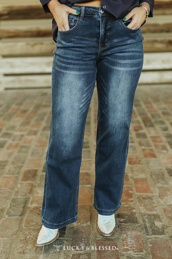 LUCKY & BLESSED - Plus Size Dark Wash Tummy Control Trouser Jeans: 20