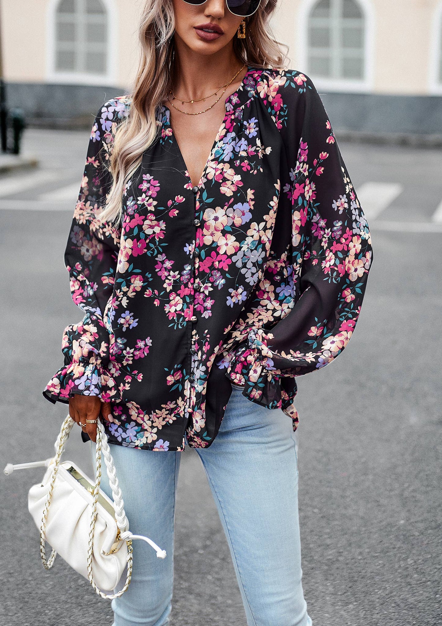 ePretty - Floral Button Down Long Sleeve Blouse SZ25-TP32012: Beige / S