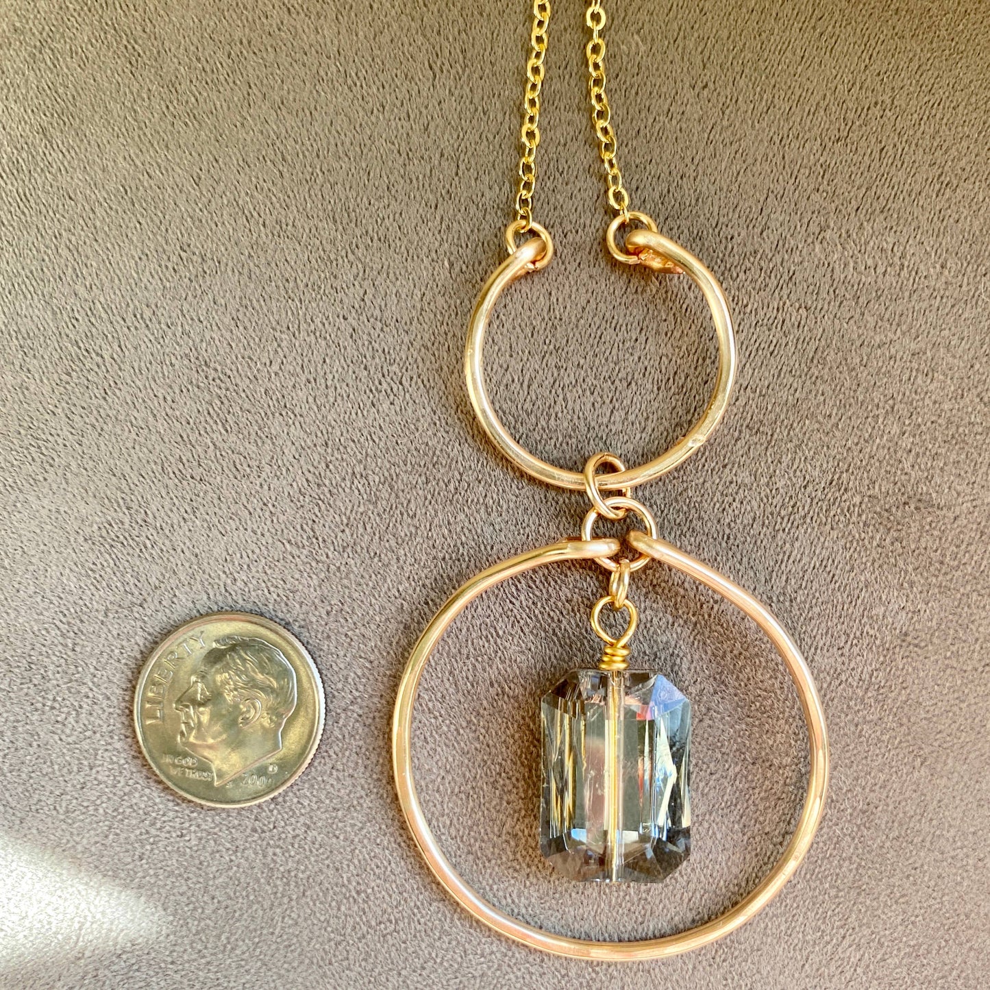 Marble Designs Jewelry - Gold Hammered Hoop Crescent Crystal Pendant: Champagne