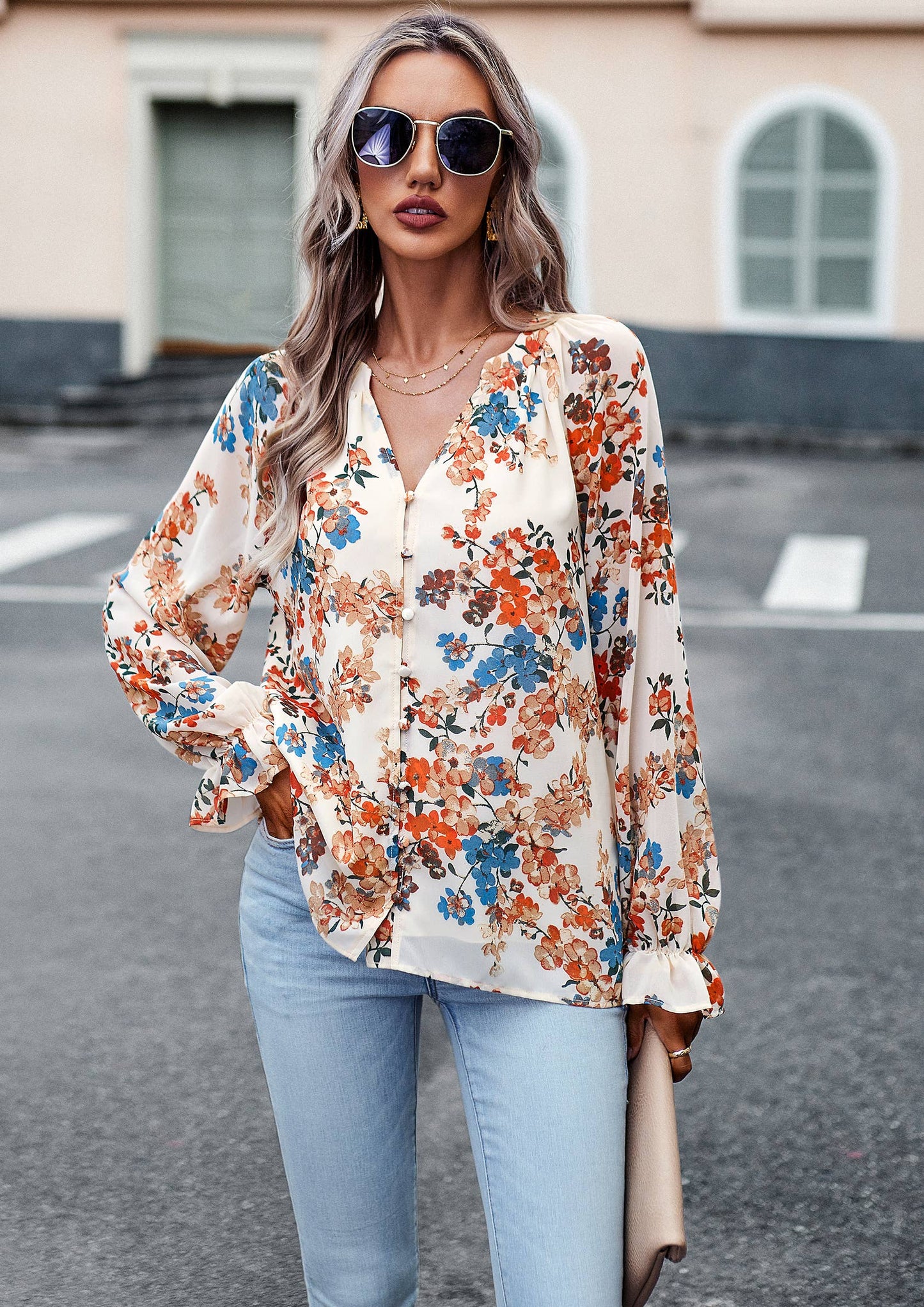 ePretty - Floral Button Down Long Sleeve Blouse SZ25-TP32012: Beige / M