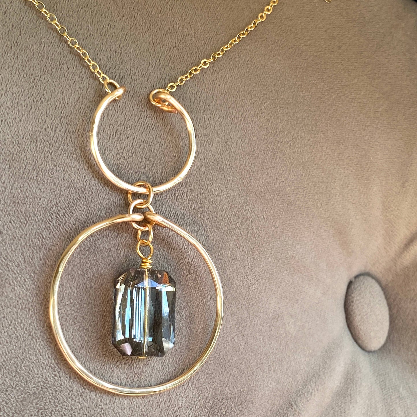 Marble Designs Jewelry - Gold Hammered Hoop Crescent Crystal Pendant: Champagne
