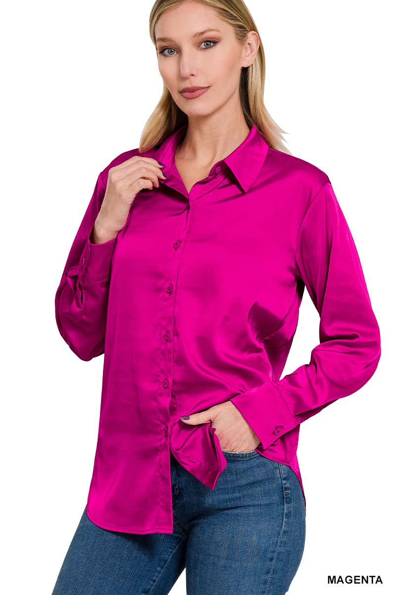42POPS - ....SI-23622 SATIN CHARMEUSE BUTTON FRONT SHIRT: IVORY-153070 / M