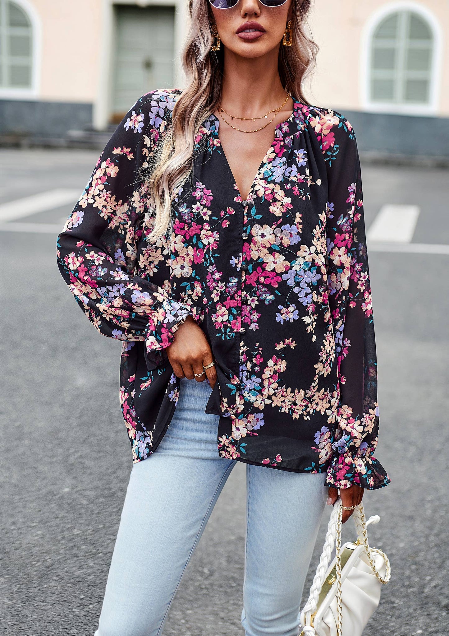 ePretty - Floral Button Down Long Sleeve Blouse SZ25-TP32012: Beige / S