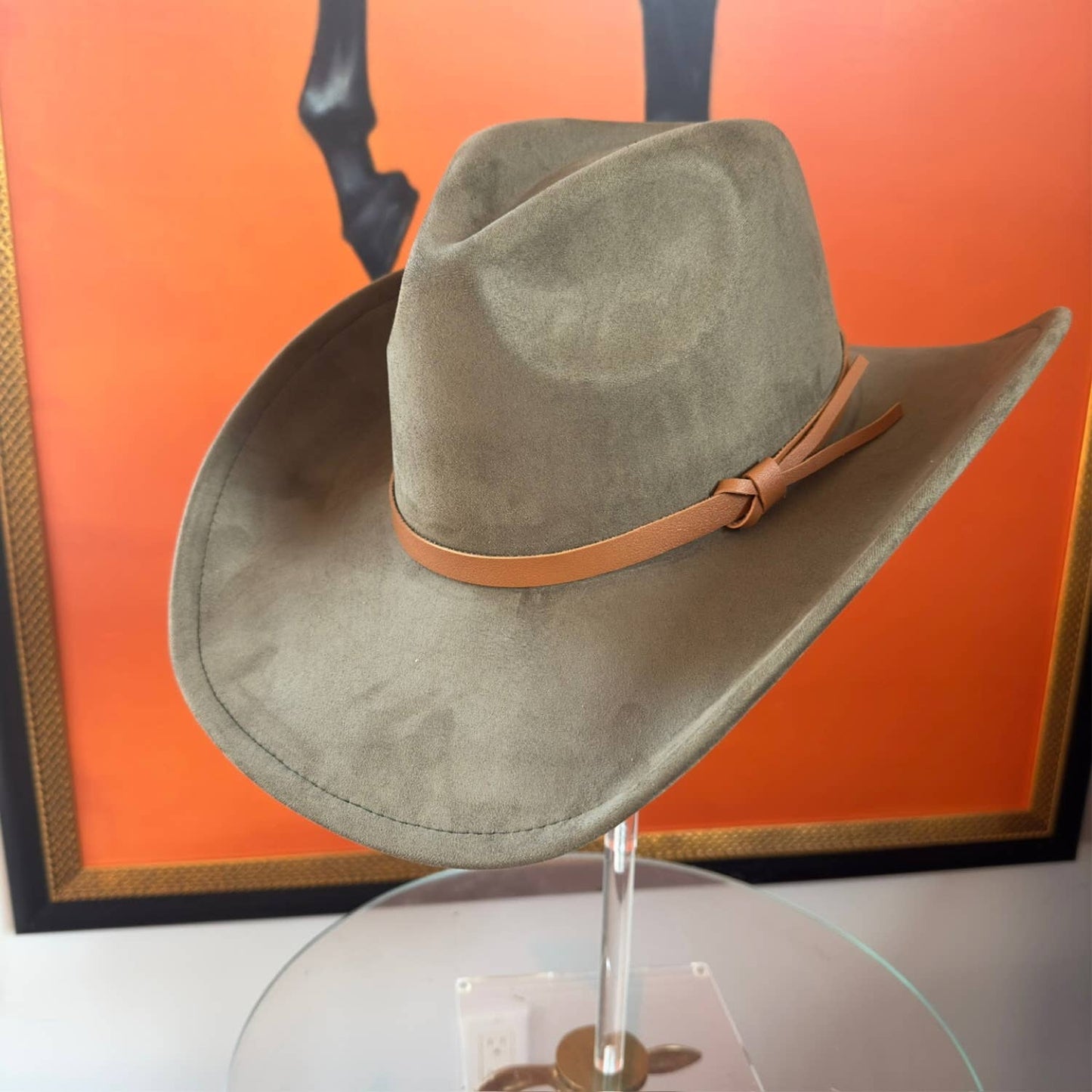 Queens INC - Fashion Vegan suede Cowboy hat W/ Leather Belt: OLIVE / ONE SIZE