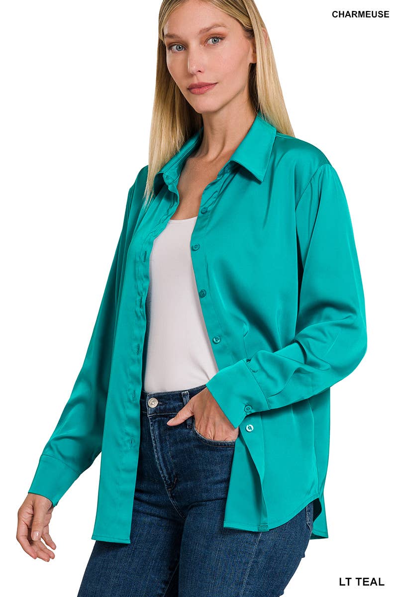 42POPS - ....SI-23622 SATIN CHARMEUSE BUTTON FRONT SHIRT: IVORY-153070 / M