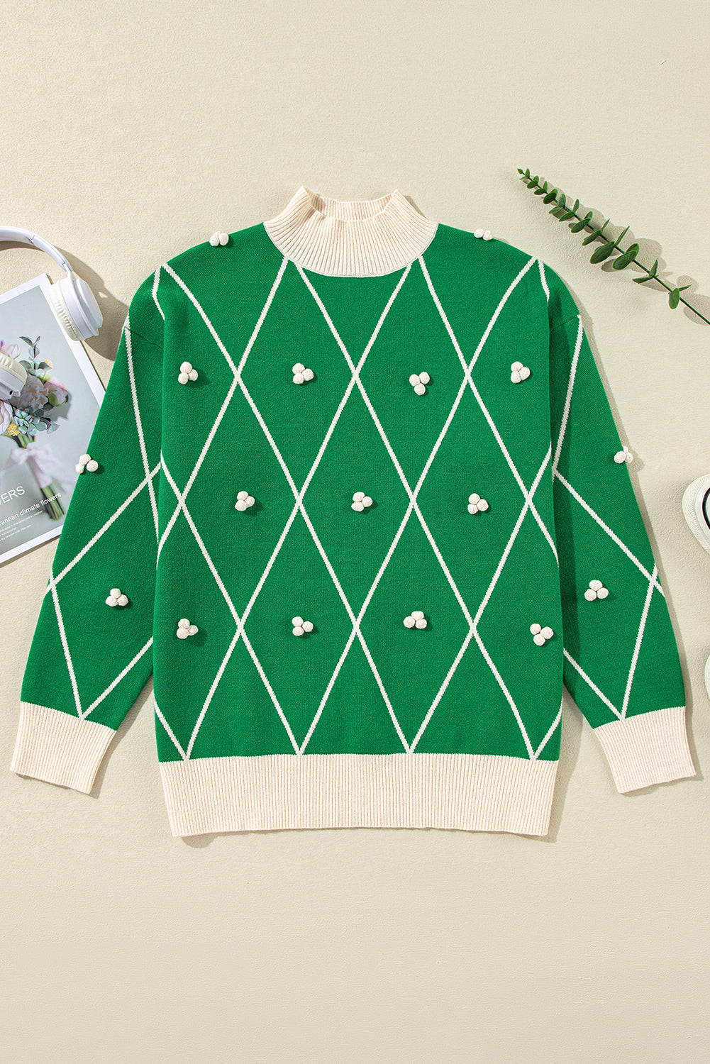 Dark Green Diamond Pom Pattern Contrast Trim High Neck Sweater