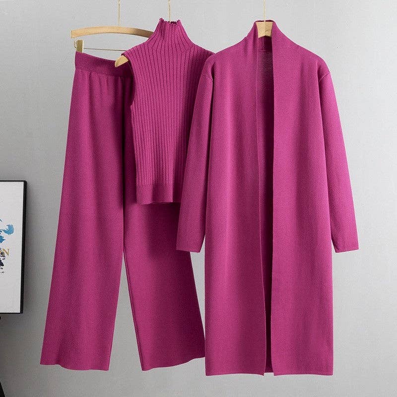UZ Wholesale Store - Knitted Vest, Cardigan, And Pants Set: ROSE RED / One_size