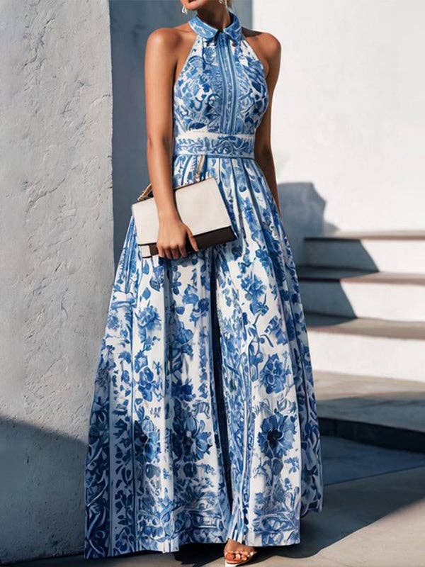 UZ Wholesale Store - Floral Print A-Line Maxi Dress with Split Lapel - Loose Fit: BLUE / L