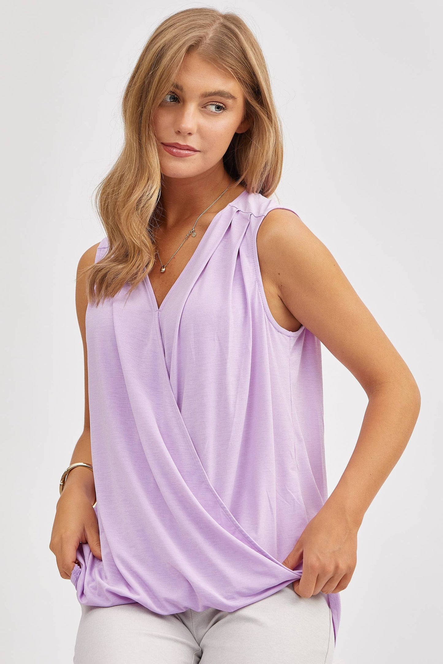 Dear Scarlett - Surplice V Neck Solid Sleeveless Tank Top: BLACK / M