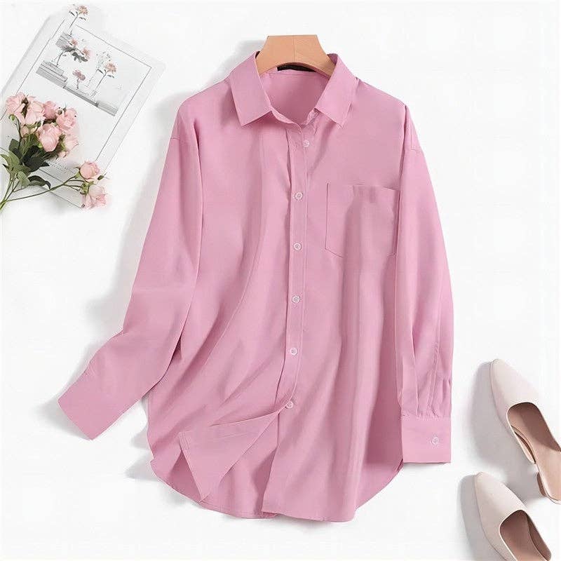 UZ Wholesale Store - Lapel Split Hem Long Sleeve Shirt in Solid Color: WHITE / M