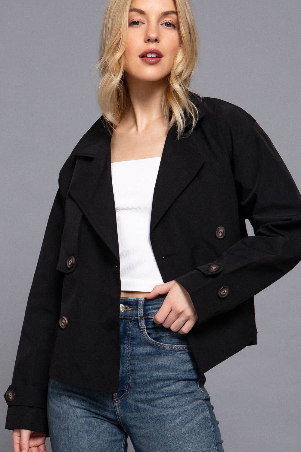 42POPS - ,,....SI-26853 Double Breasted Short Trench Jacket: KHA-beige-172710 / L