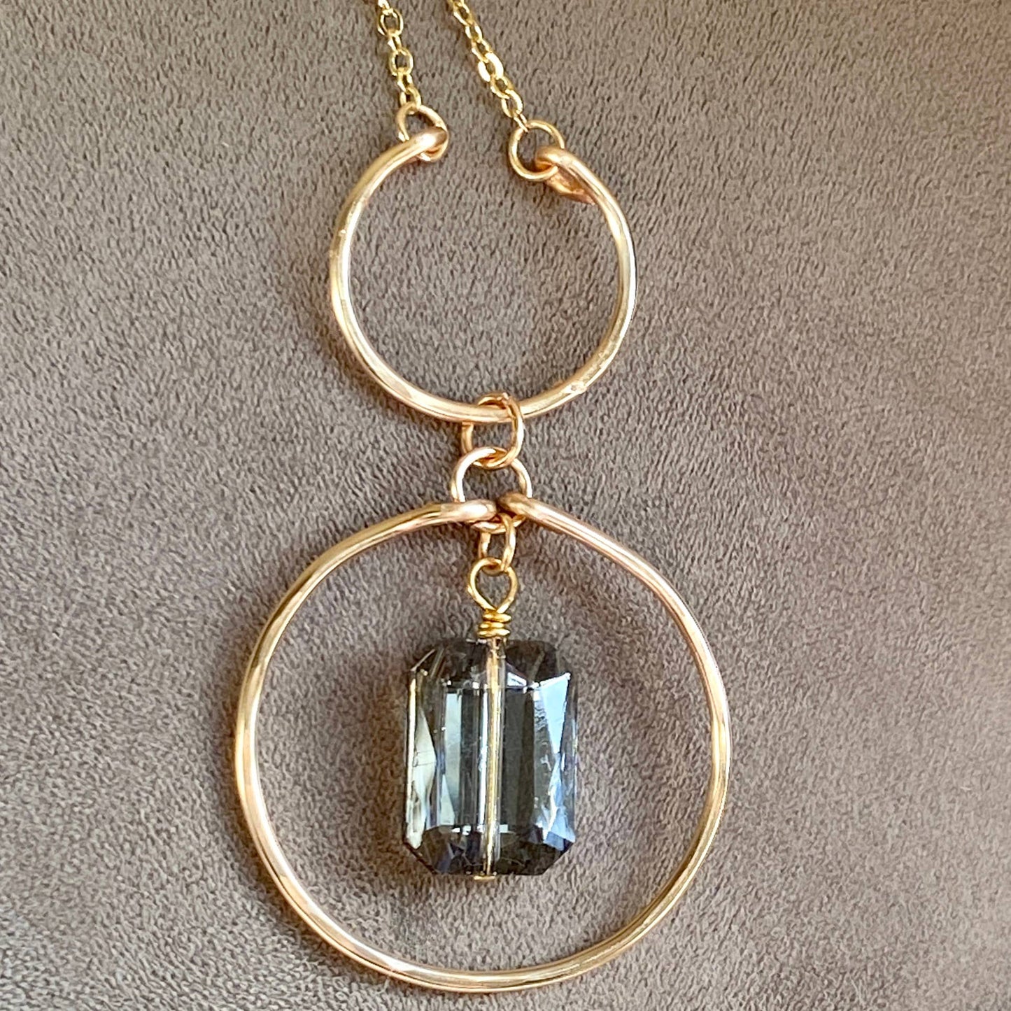 Marble Designs Jewelry - Gold Hammered Hoop Crescent Crystal Pendant: Champagne