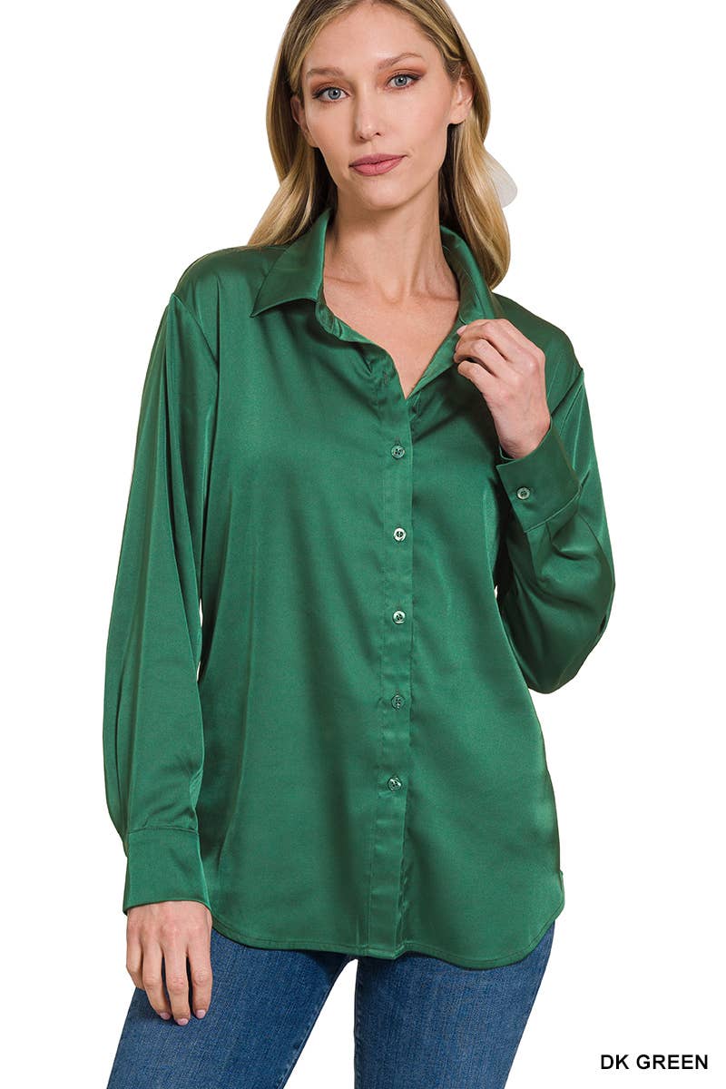 42POPS - ....SI-23622 SATIN CHARMEUSE BUTTON FRONT SHIRT: IVORY-153070 / M