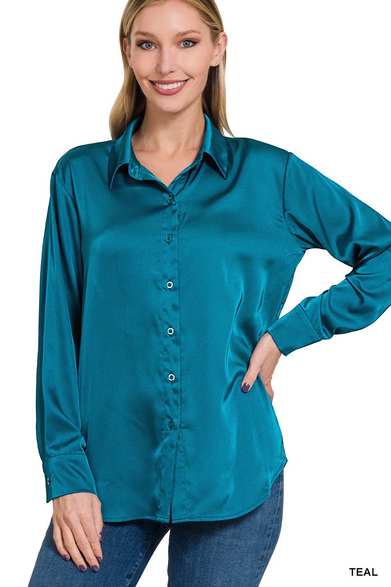 42POPS - ....SI-23622 SATIN CHARMEUSE BUTTON FRONT SHIRT: IVORY-153070 / M