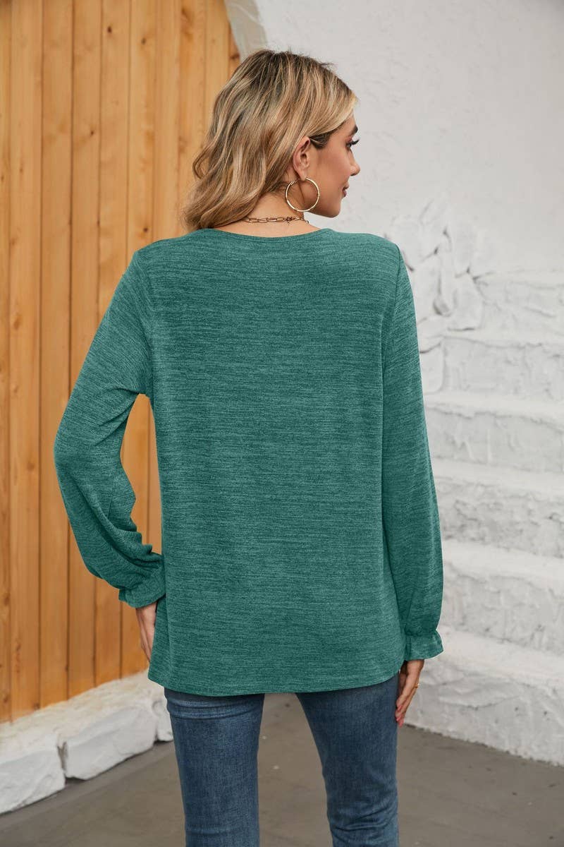 NINEXIS - CWTBLL1048_SOLID COLOR LONG SLEEVE ROUND NECK CASUAL TOP: Green / (S) 1