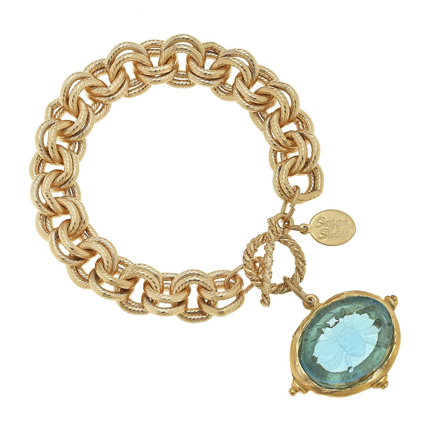Susan Shaw - Aqua Venetian Glass Bee Intaglio on Gold Chain Bracelet