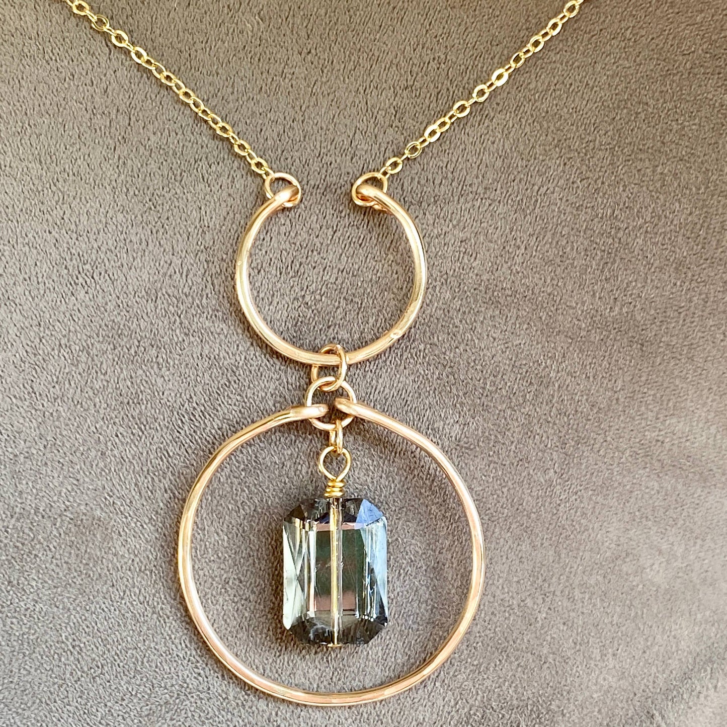 Marble Designs Jewelry - Gold Hammered Hoop Crescent Crystal Pendant: Champagne