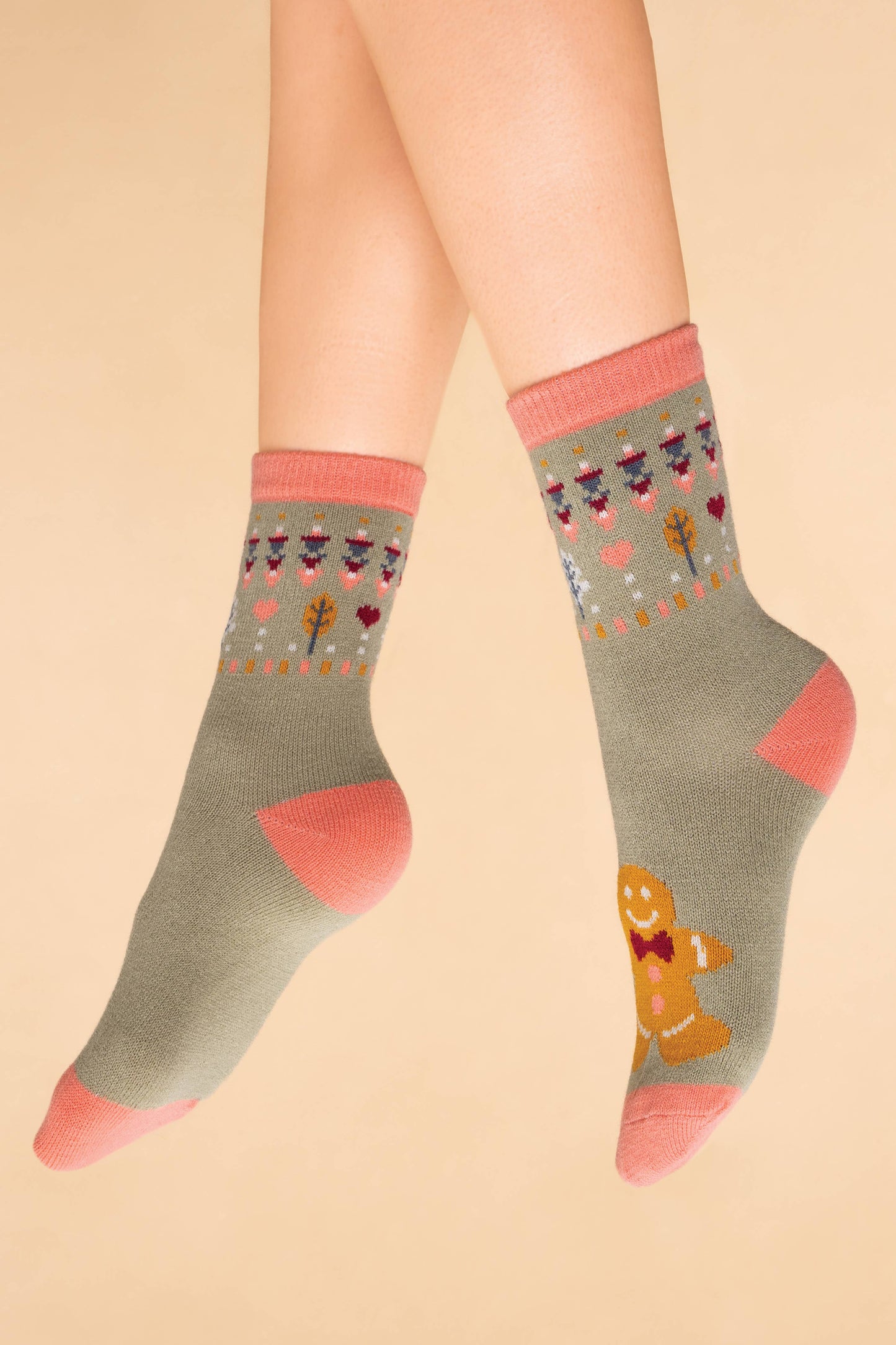 Gingerbread Man Knitted Socks - Sage
