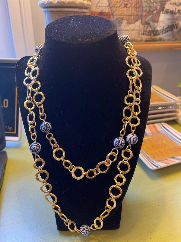 Chinoiserie Bead and Gold Circle Link Long Necklace by Karine Sultan