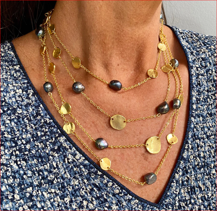 Coin and peacock pearl multi strand necklace by Karine Sultan