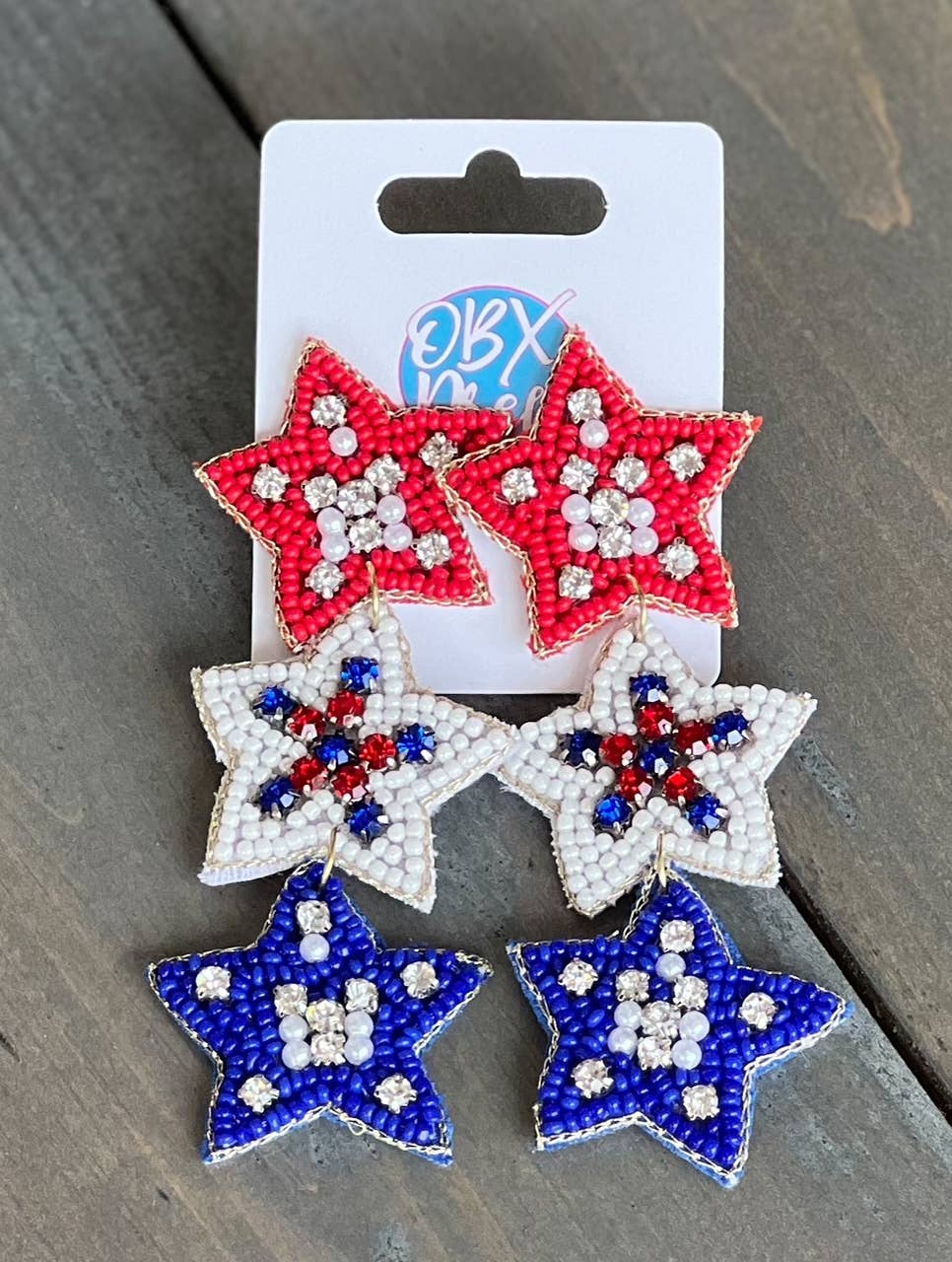 OBX Prep - Patriotic Red White and Blue Triple Stars Handmade Earrings