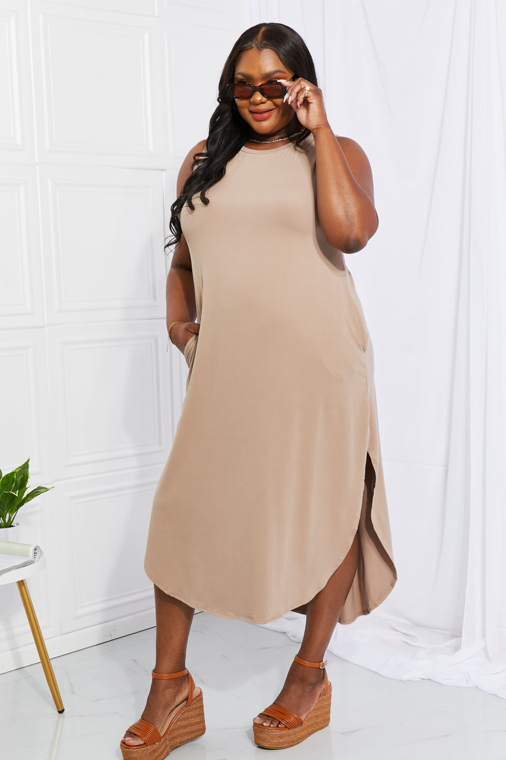 Zenana Making Music Brushed Sleeveless Dress in Mocha