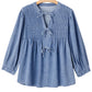 Myosotis Denim Bow Tie Pleated Puff Sleeve Top