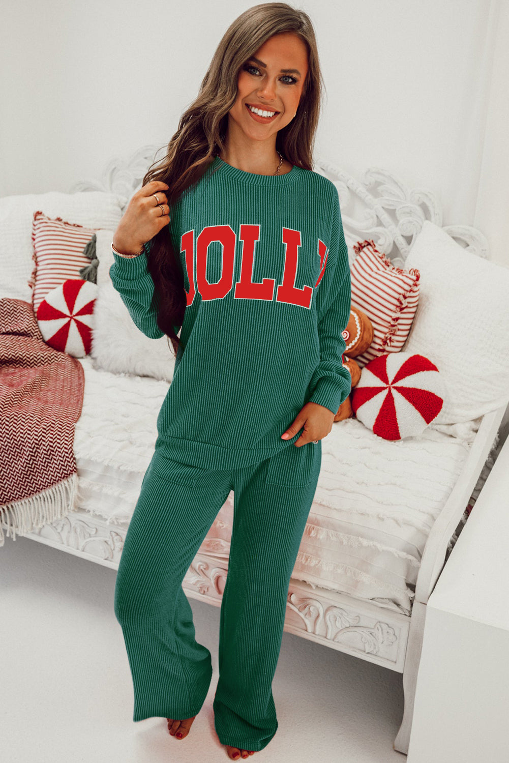 Evergreen Crinkle Rib JOLLY Pattern Long Sleeve Top and Pockets Pants Set