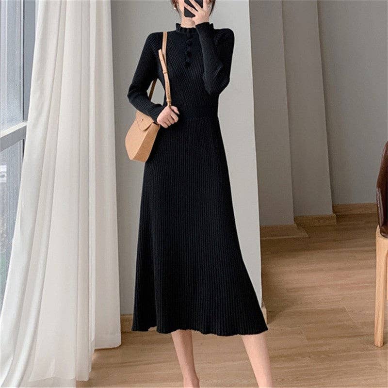 UZ Wholesale Store - Solid Color Slim Fit Half High Neck Knitted Long Dress: BLACK / One_size