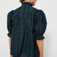 Green Checkered Puff Sleeve Frill Trim Blouse