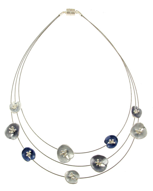 Origin Jewelry - Floral Lilypad Necklace, Three Strands, 18", Magnetic Clasp: Blue