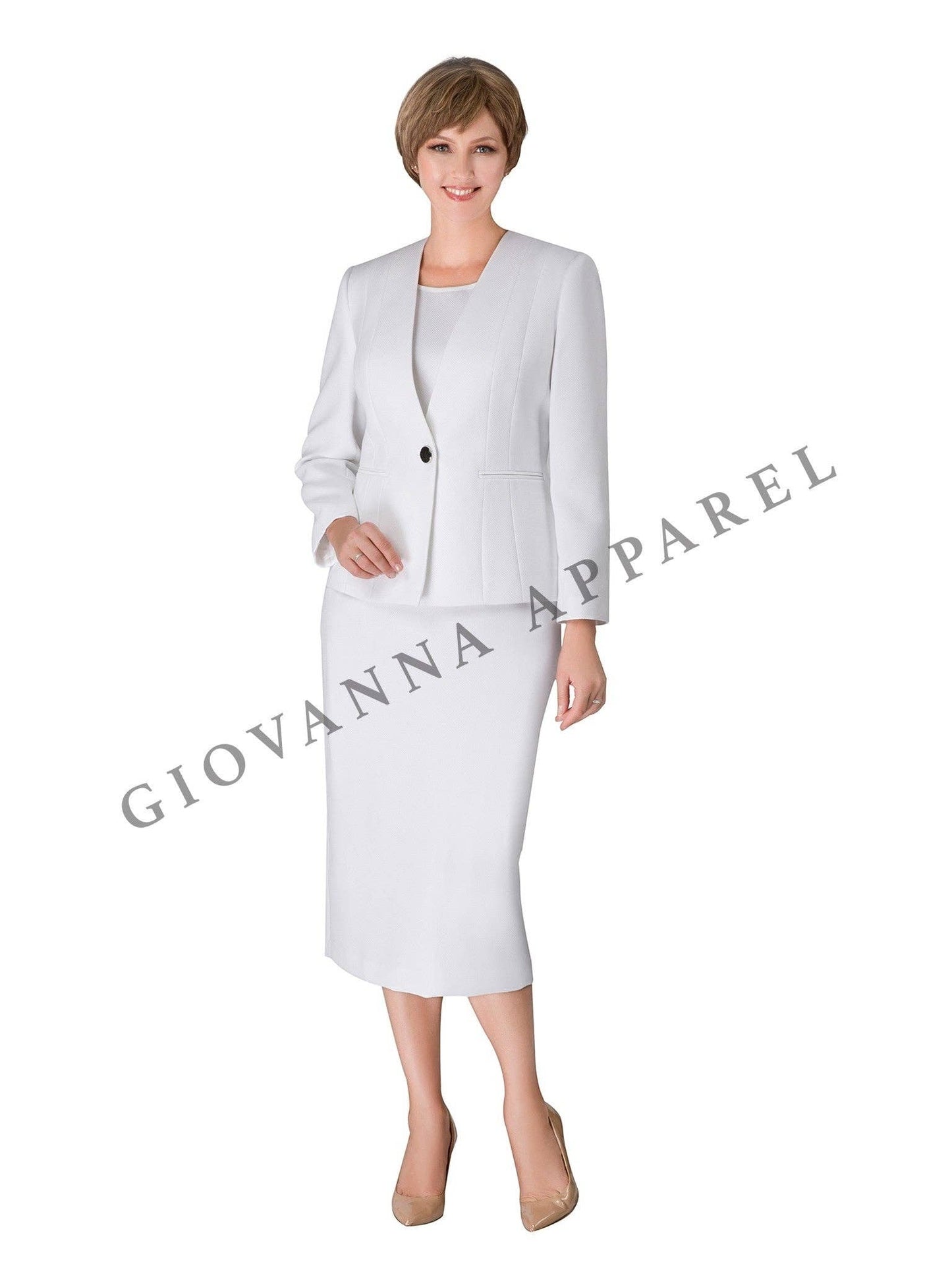 Giovanna - 3pc Collarless Clean Lines Detailed Skirt Suit: DARK NAVY / 16