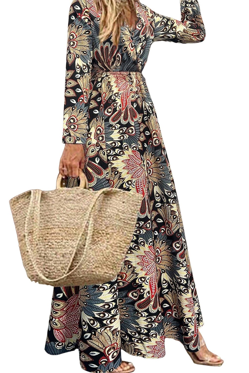 Black Floral Print V Neck Wrap High Waist Maxi Dress