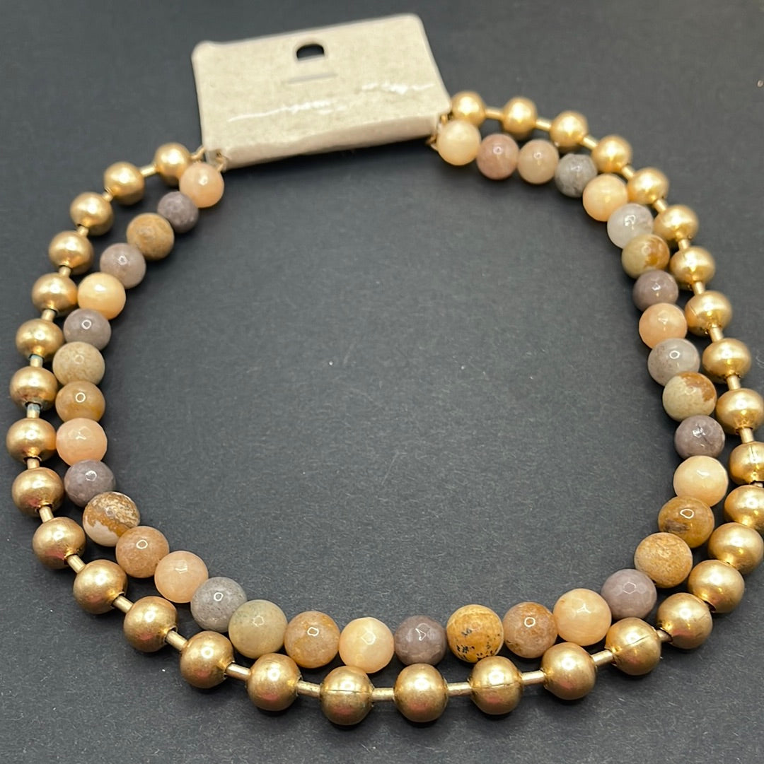 L&B Creations Natural Stone & Gold Bead Double Strand Necklace