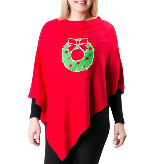 Top It Off - Holly Boardwalk Poncho-  29 Colors: Red with Cable Knit Wreath