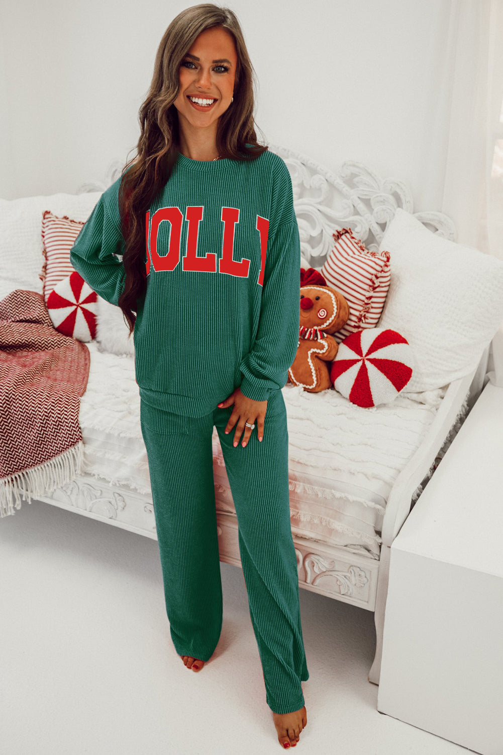 Evergreen Crinkle Rib JOLLY Pattern Long Sleeve Top and Pockets Pants Set