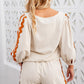 White Ric Rac Trim Long Sleeve Top and Wide Leg Pants Set