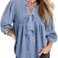 Myosotis Denim Bow Tie Pleated Puff Sleeve Top