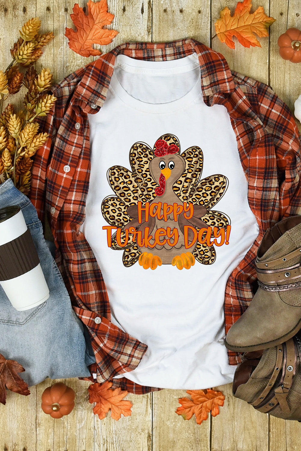 White Happy Turkey Day Leopard Print Graphic Crew Neck T Shirt