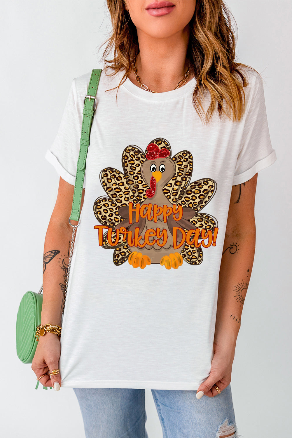 White Happy Turkey Day Leopard Print Graphic Crew Neck T Shirt