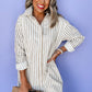 Khaki Stripe Long Sleeve Button Up Mini Shirt Dress