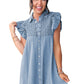 Beau Blue Flutter Sleeve Shirred Button Up Denim Mini Dress