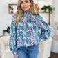 Double Take Full Size Printed Smocked Long Sleeve Blouse