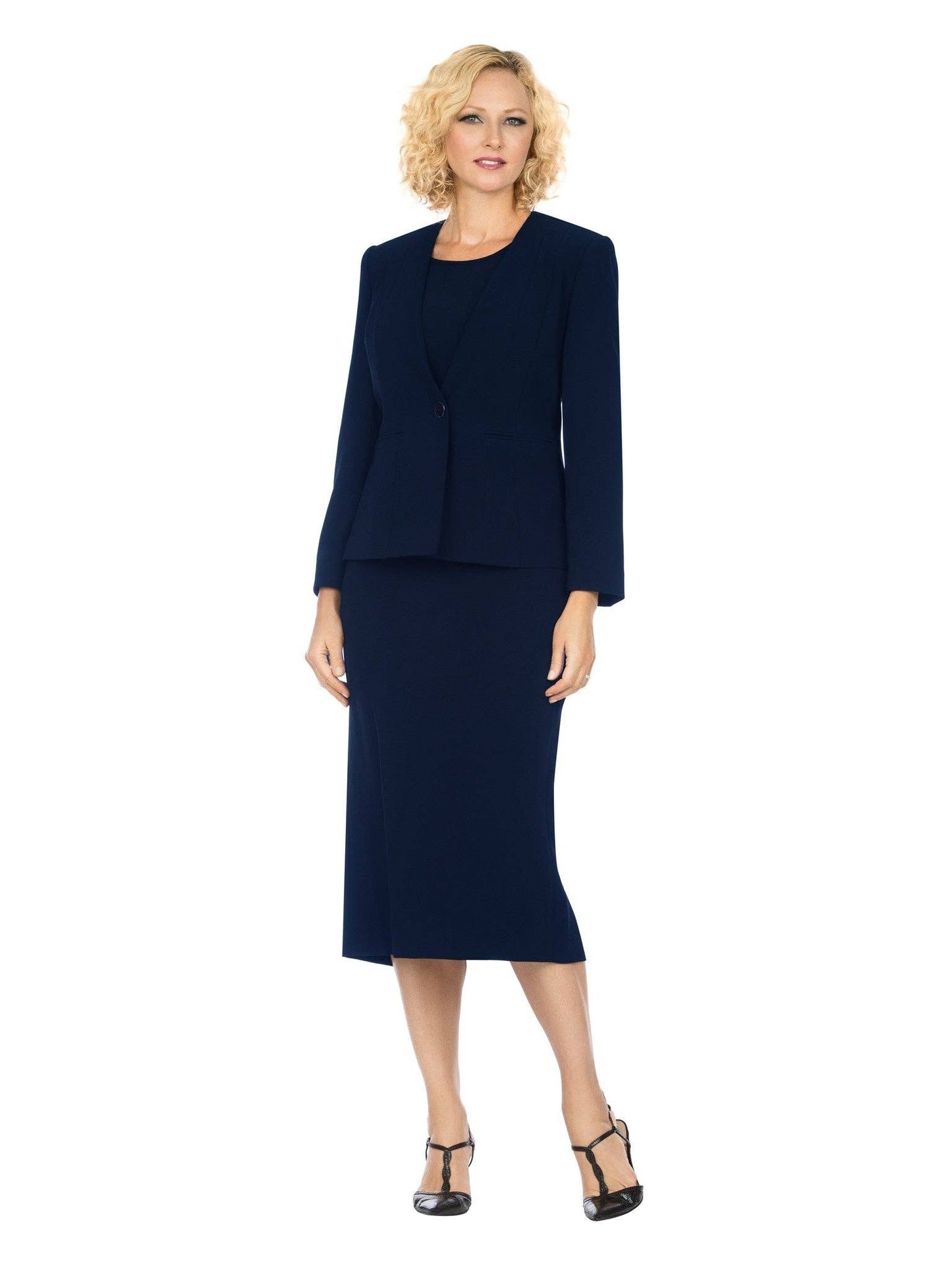 Giovanna - 3pc Collarless Clean Lines Detailed Skirt Suit: DARK NAVY / 16