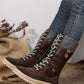 Coffee Wool Knit Patchwork Lace Up Leather Boots