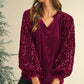 Evergreen Velvet Sequin Patchwork Sleeve Button Up Blouse