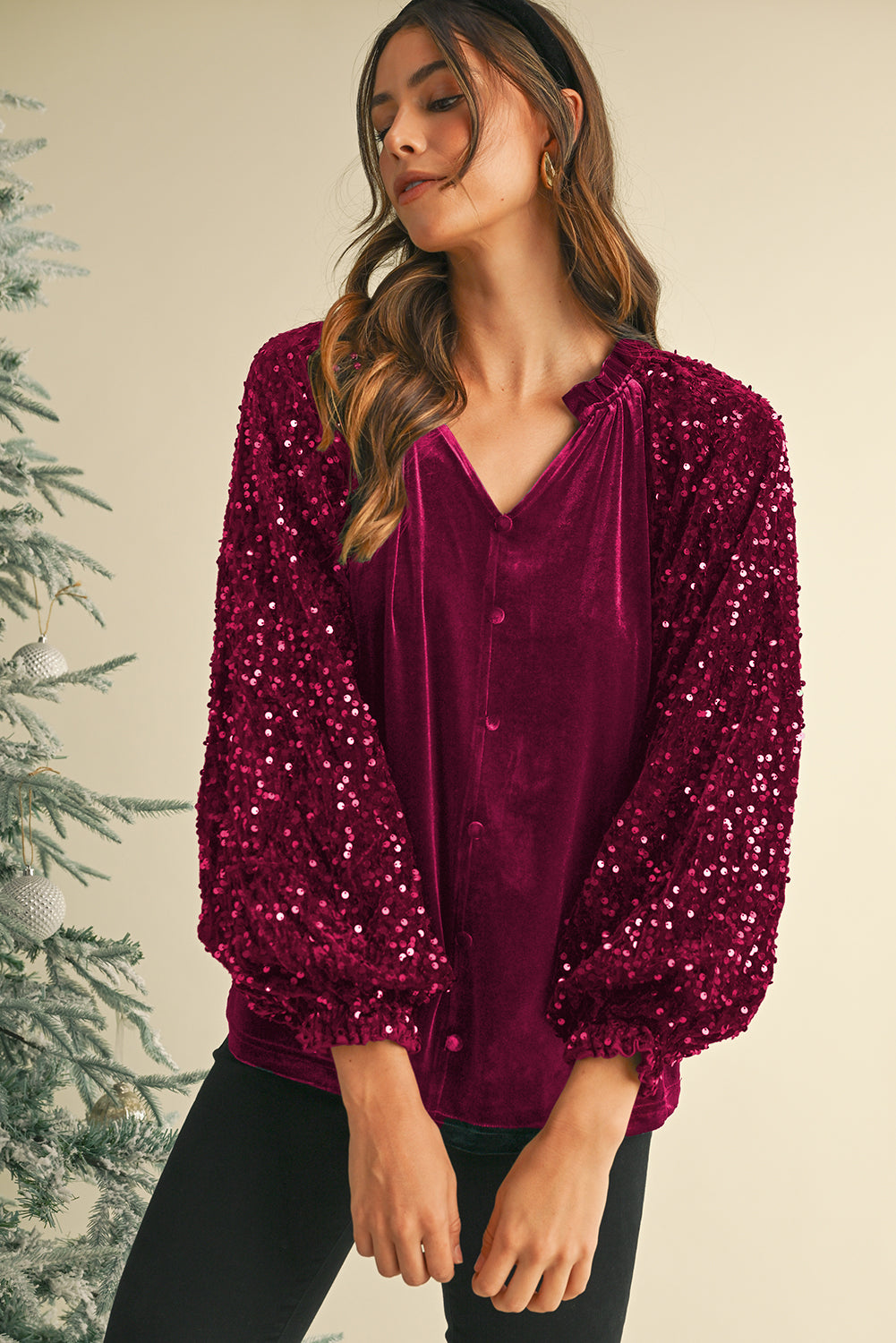 Evergreen Velvet Sequin Patchwork Sleeve Button Up Blouse