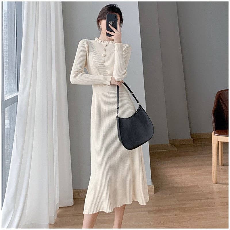 UZ Wholesale Store - Solid Color Slim Fit Half High Neck Knitted Long Dress: BLACK / One_size